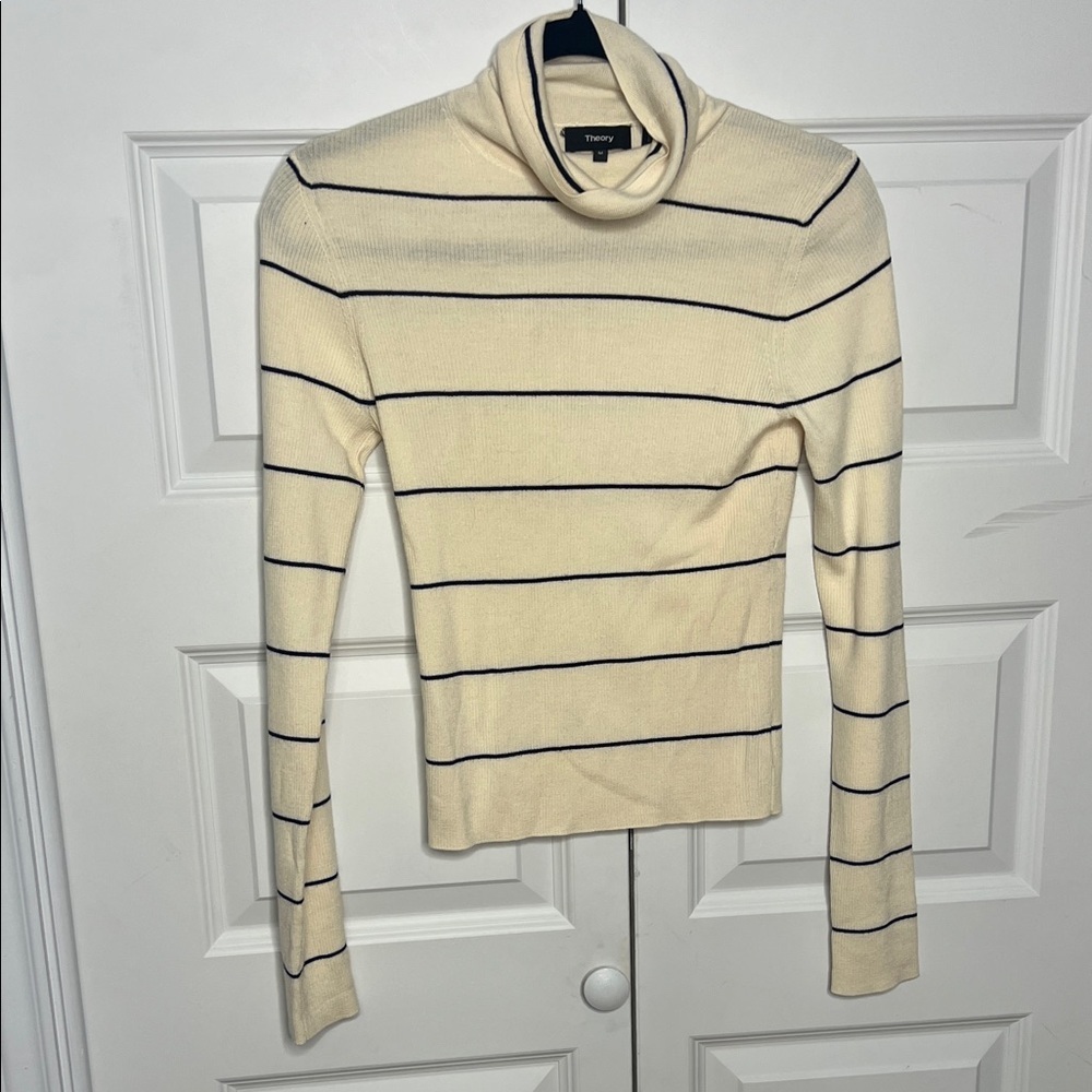 Theory Merino Wool Striped Turtleneck Sweater Medium Crop Navy Ivory - Picture 2 of 6